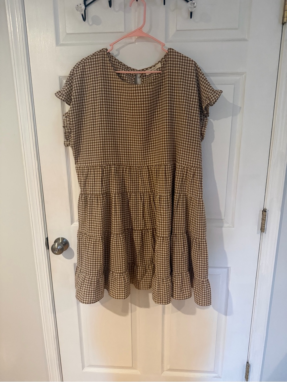 Tiered Gingham Mini Dress in Brown